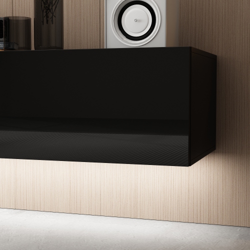 Famapy Modern Wall-Mounted TV Cabinet with LED Lighting, Three Drawers, and Storage,, Black High-Gloss Media Console, Fits Up to 65" TV