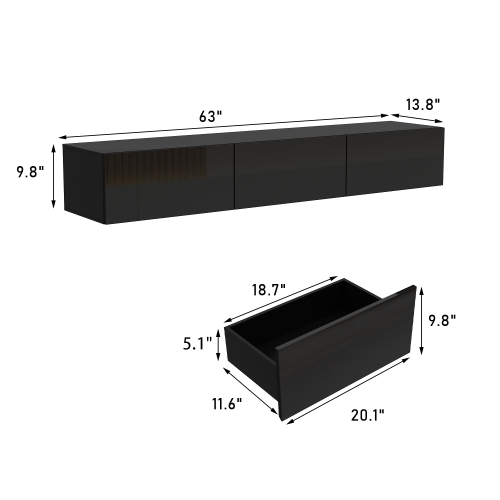 Famapy Modern Wall-Mounted TV Cabinet with LED Lighting, Three Drawers, and Storage,, Black High-Gloss Media Console, Fits Up to 65" TV
