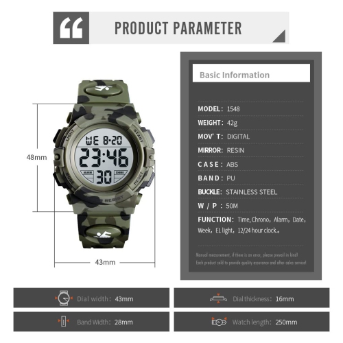 Waterproof Outdoor Sports Watch with Alarm, 12/24 Hours, Stopwatch and Calendar for Boys and Girls