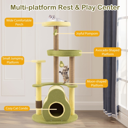 Gymax Avocado Cat Tree Multi-level Cat Tower w/ Private Condo Cat Self-grooming Brush