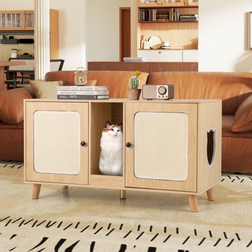 Gymax 43'' Cat Litter Box Enclosure for 2 Cats w/ Double Rooms 2 Sisal Scratching Mats