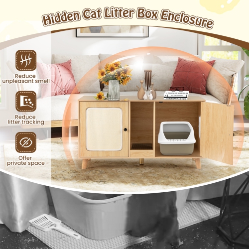 Gymax 43'' Cat Litter Box Enclosure for 2 Cats w/ Double Rooms 2 Sisal Scratching Mats