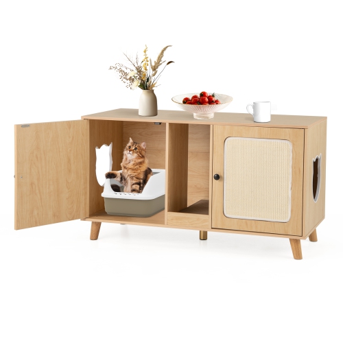 Gymax 43'' Cat Litter Box Enclosure for 2 Cats w/ Double Rooms 2 Sisal Scratching Mats