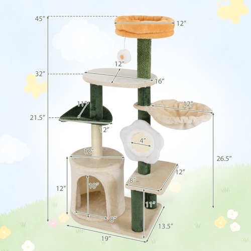 Gymax 45'' Tall Cat Tree Flower Multi-level Pet Activity Center Furniture w/Sisal Post