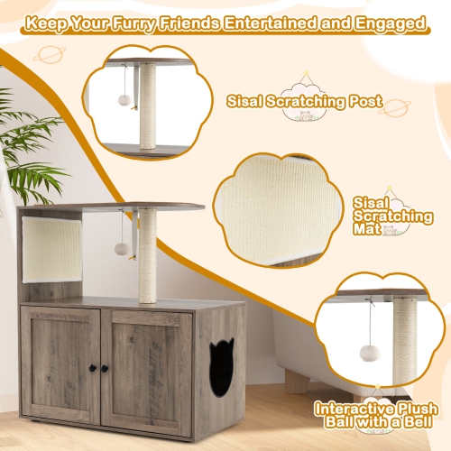 Gymax 34.5'' Tall Wooden Cat Tower w/ Sisal Scratching Post & Mat Litter Box Enclosure