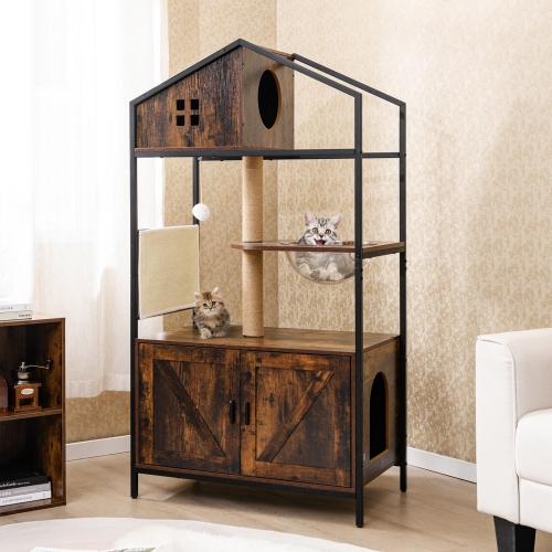 Gymax Cat Tree w/ Litter Box Enclosure w/ Hidden Washroom Scratching Posts & Pad