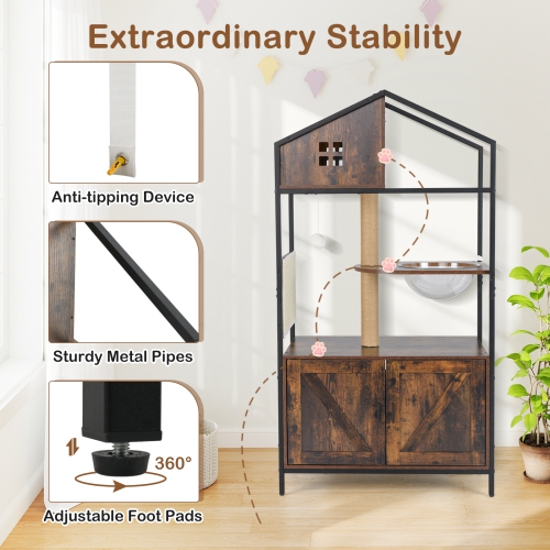 Gymax Cat Tree w/ Litter Box Enclosure w/ Hidden Washroom Scratching Posts & Pad