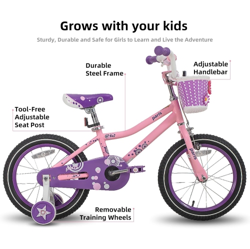 Vélo JOYSTAR Paris de 18&nbsp;po pour filles pour tout-petits et enfants de 3-8 ans, vélo pour enfants avec roues d'entraînement, siège et panier