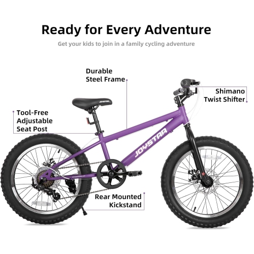 JOYSTAR 20 Inch Mountain Bike for Kids Ages 7-12 Year Old, 7 Speed Shimano Drivetrain, Disc Brakes, Fat Tire Kids Bicycles for Boys Girls Purple