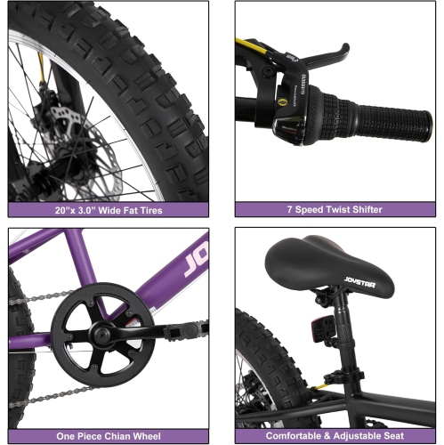 JOYSTAR 20 Inch Mountain Bike for Kids Ages 7-12 Year Old, 7 Speed Shimano Drivetrain, Disc Brakes, Fat Tire Kids Bicycles for Boys Girls Purple