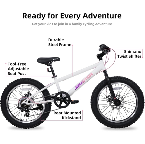 JOYSTAR 20 Inch Mountain Bike for Kids Ages 7-12 Year Old, 7 Speed Shimano Drivetrain, Disc Brakes, Fat Tire Kids Bicycles for Boys Girls White