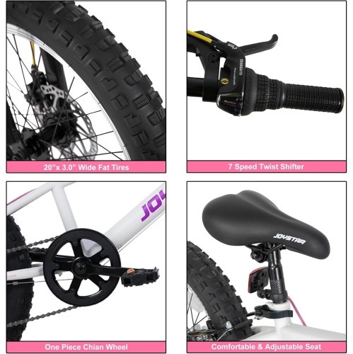 JOYSTAR 20 Inch Mountain Bike for Kids Ages 7-12 Year Old, 7 Speed Shimano Drivetrain, Disc Brakes, Fat Tire Kids Bicycles for Boys Girls White