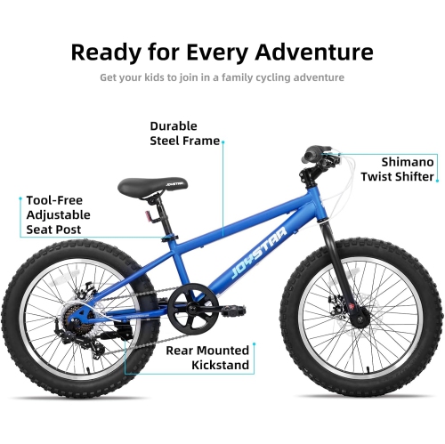JOYSTAR 20 Inch Mountain Bike for Kids Ages 7-12 Year Old, 7 Speed Shimano Drivetrain, Disc Brakes, Fat Tire Kids Bicycles for Boys Girls Blue