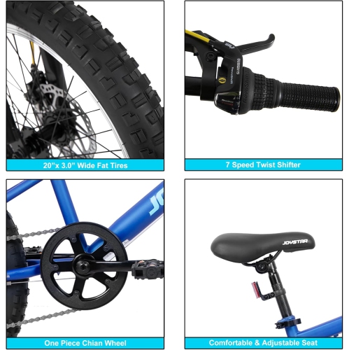JOYSTAR 20 Inch Mountain Bike for Kids Ages 7-12 Year Old, 7 Speed Shimano Drivetrain, Disc Brakes, Fat Tire Kids Bicycles for Boys Girls Blue