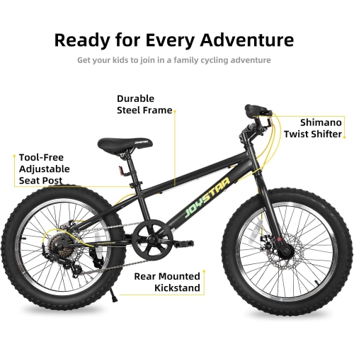 JOYSTAR 20 Inch Mountain Bike for Kids Ages 7-12 Year Old, 7 Speed Shimano Drivetrain, Disc Brakes, Fat Tire Kids Bicycles for Boys Girls Black