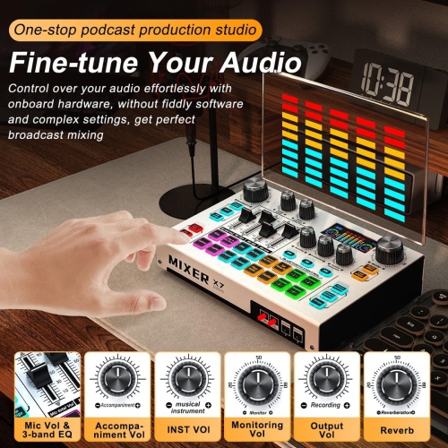 Streaming Audio Mixer, Podcast Audio Mixer Interface, 48V Voice Converter Soundboard, Studio Universal XLR for Mobile Phone PC Streaming Podcast