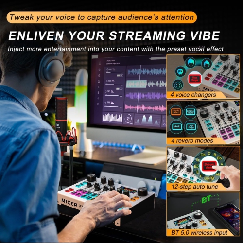 Streaming Audio Mixer, Podcast Audio Mixer Interface, 48V Voice Converter Soundboard, Studio Universal XLR for Mobile Phone PC Streaming Podcast