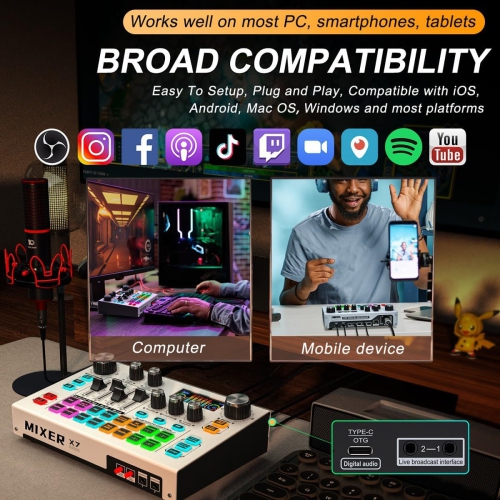 Streaming Audio Mixer, Podcast Audio Mixer Interface, 48V Voice Converter Soundboard, Studio Universal XLR for Mobile Phone PC Streaming Podcast