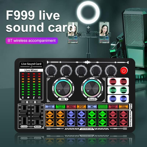 Live Broadcast Sound Card with DJ Mixer Effects and Voice Changer, 16 Special Effects Ambient Sounds, LED Light Voice Changer