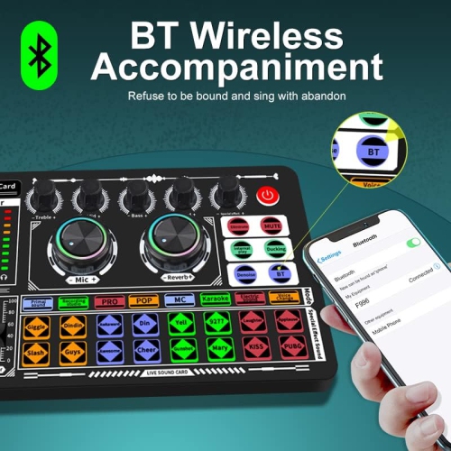 Live Broadcast Sound Card with DJ Mixer Effects and Voice Changer, 16 Special Effects Ambient Sounds, LED Light Voice Changer