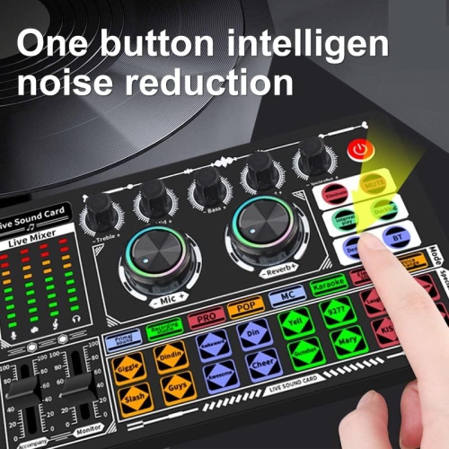 Live Broadcast Sound Card with DJ Mixer Effects and Voice Changer, 16 Special Effects Ambient Sounds, LED Light Voice Changer