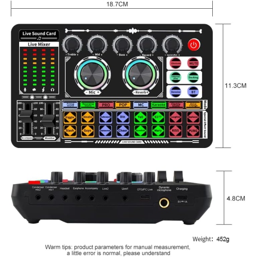 Live Broadcast Sound Card with DJ Mixer Effects and Voice Changer, 16 Special Effects Ambient Sounds, LED Light Voice Changer