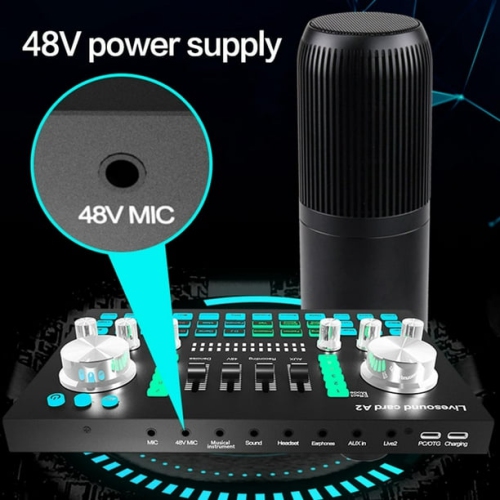 Universal sound card, 3.5mm jack, 12 effects, 2 channels, stereo mixer, 1800mAh battery capacity Live sound card