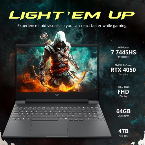 HP Victus 15.6" FHD 144Hz Gaming Laptop, AMD Ryzen 7 7445HS, GeForce RTX 4050 6GB GDDR6,4TB SSD, 64GB DDR5, Backlit Keyboard, Win 11 Pro, Mica