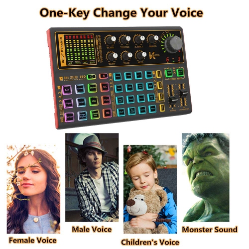 Voice changer sound card with multiple sound effects, mixing board, live sound card for live broadcasts, audio mixer for music recording