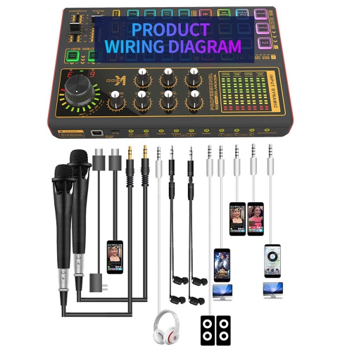 Voice changer sound card with multiple sound effects, mixing board, live sound card for live broadcasts, audio mixer for music recording