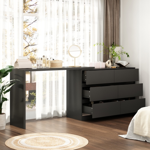 Famapy Rotating Makeup Vanity with Six Handle-Less Drawers, L-Shaped Leg Design, and Adjustable Desktop, Ideal for Bedrooms and Home Offices,Black