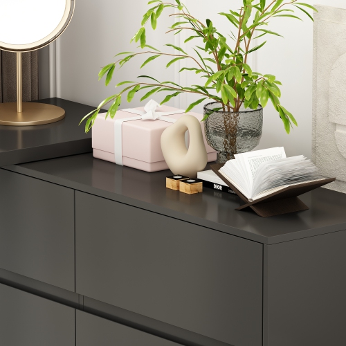 Famapy Rotating Makeup Vanity with Six Handle-Less Drawers, L-Shaped Leg Design, and Adjustable Desktop, Ideal for Bedrooms and Home Offices,Black