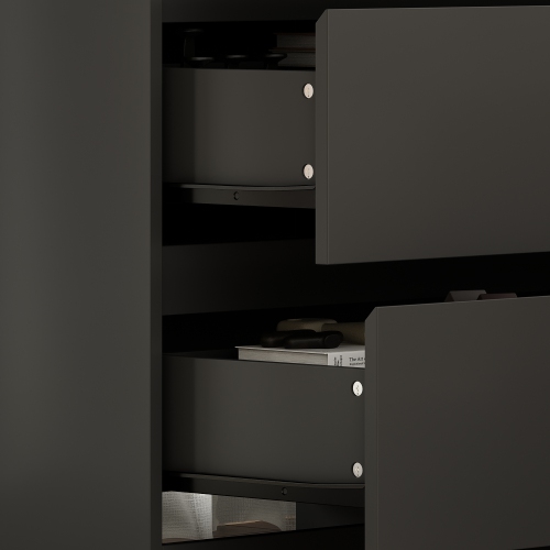 Famapy Rotating Makeup Vanity with Six Handle-Less Drawers, L-Shaped Leg Design, and Adjustable Desktop, Ideal for Bedrooms and Home Offices,Black