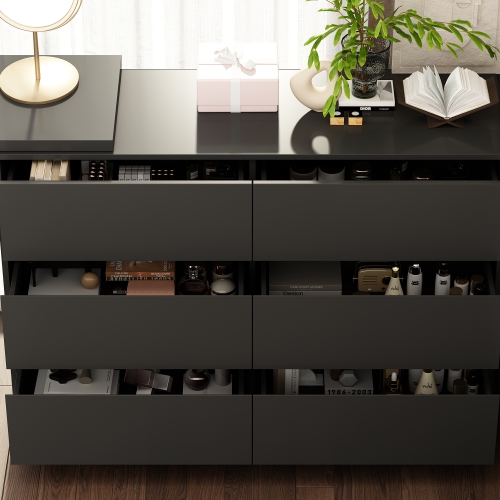 Famapy Rotating Makeup Vanity with Six Handle-Less Drawers, L-Shaped Leg Design, and Adjustable Desktop, Ideal for Bedrooms and Home Offices,Black