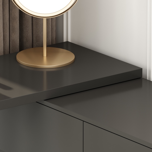 Famapy Rotating Makeup Vanity with Six Handle-Less Drawers, L-Shaped Leg Design, and Adjustable Desktop, Ideal for Bedrooms and Home Offices,Black