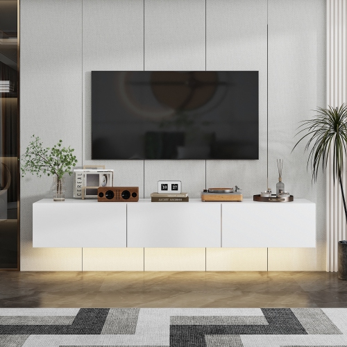 Famapy Modern White Floating TV Cabinet with 44-Color LED Lighting, Three Drawers, Accommodates TVs up to 65-Inches, High-Gloss, White