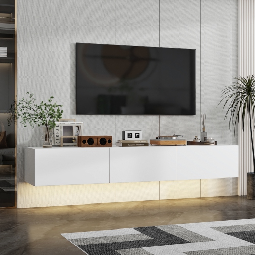 Famapy Modern White Floating TV Cabinet with 44-Color LED Lighting, Three Drawers, Accommodates TVs up to 65-Inches, High-Gloss, White