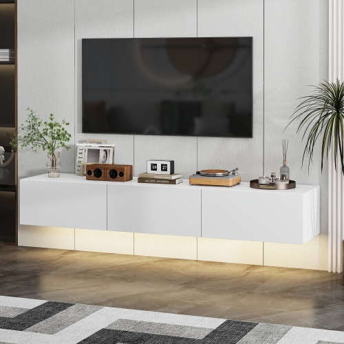 Famapy Modern White Floating TV Cabinet with 44-Color LED Lighting, Three Drawers, Accommodates TVs up to 65-Inches, High-Gloss, White
