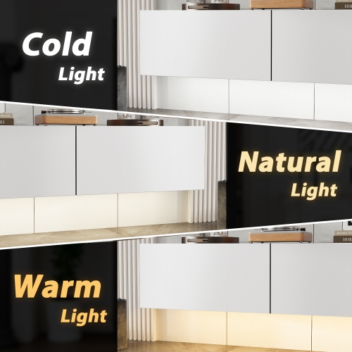 Famapy Modern White Floating TV Cabinet with 44-Color LED Lighting, Three Drawers, Accommodates TVs up to 65-Inches, High-Gloss, White