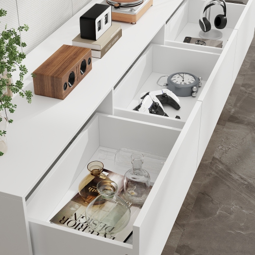 Famapy Modern White Floating TV Cabinet with 44-Color LED Lighting, Three Drawers, Accommodates TVs up to 65-Inches, High-Gloss, White