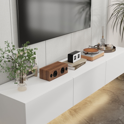 Famapy Modern White Floating TV Cabinet with 44-Color LED Lighting, Three Drawers, Accommodates TVs up to 65-Inches, High-Gloss, White