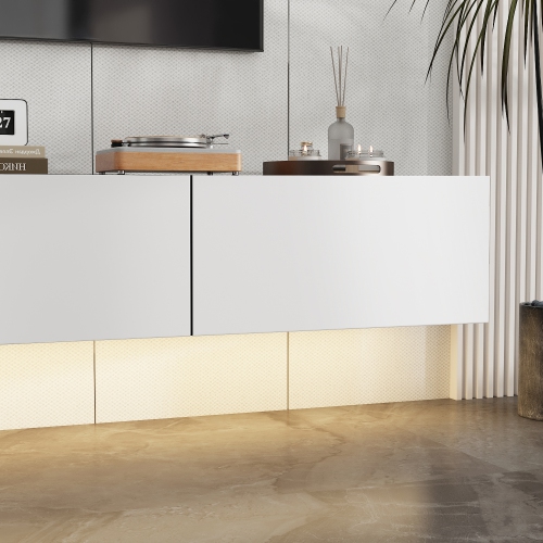 Famapy Modern White Floating TV Cabinet with 44-Color LED Lighting, Three Drawers, Accommodates TVs up to 65-Inches, High-Gloss, White