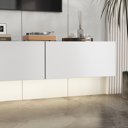 Famapy Modern White Floating TV Cabinet with 44-Color LED Lighting, Three Drawers, Accommodates TVs up to 65-Inches, High-Gloss, White