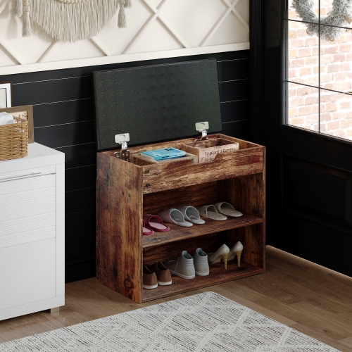 Famapy 2-Tier Wood Shoe Storage Bench with Padded Seat & Adjustable Shelves – Multi-Functional Storage for Shoes, Accessories, and More Dark Brown