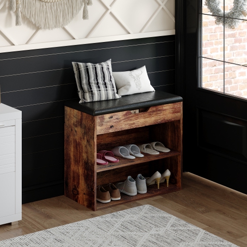 Famapy 2-Tier Wood Shoe Storage Bench with Padded Seat & Adjustable Shelves – Multi-Functional Storage for Shoes, Accessories, and More Dark Brown