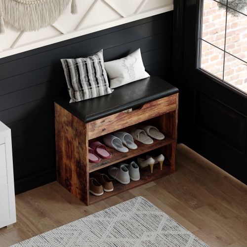 Famapy 2-Tier Wood Shoe Storage Bench with Padded Seat & Adjustable Shelves – Multi-Functional Storage for Shoes, Accessories, and More Dark Brown