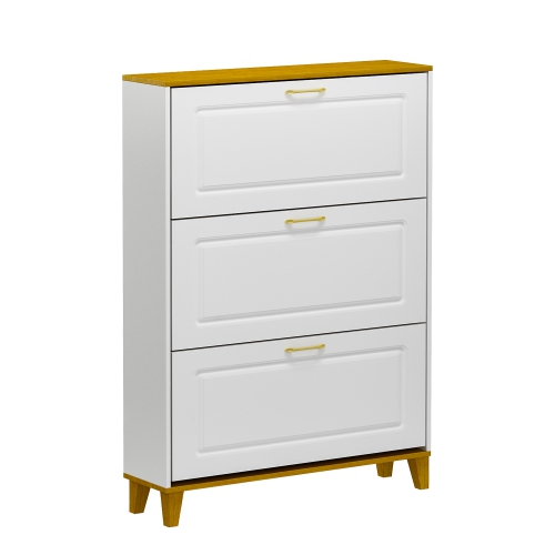 Famapy 47.2-Inch 3-Tier White & Oak Shoe Storage Cabinet – Holds 18 Pairs, Adjustable Shelves, Elegant Design, White