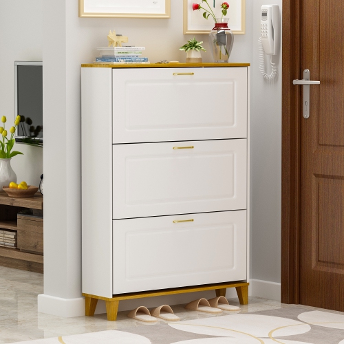 Famapy 47.2-Inch 3-Tier White & Oak Shoe Storage Cabinet – Holds 18 Pairs, Adjustable Shelves, Elegant Design, White