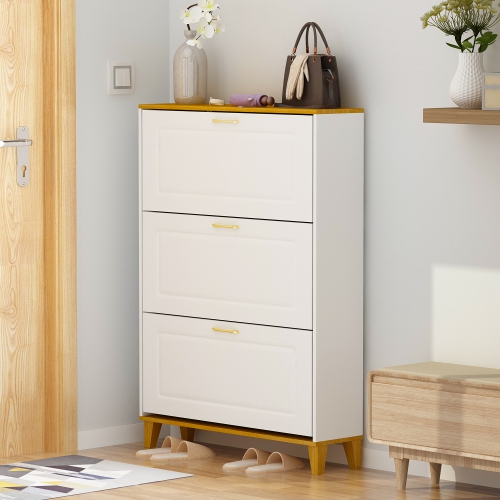 Famapy 47.2-Inch 3-Tier White & Oak Shoe Storage Cabinet – Holds 18 Pairs, Adjustable Shelves, Elegant Design, White