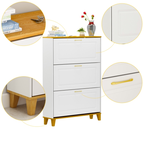 Famapy 47.2-Inch 3-Tier White & Oak Shoe Storage Cabinet – Holds 18 Pairs, Adjustable Shelves, Elegant Design, White